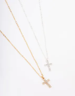 Mixed Metal Diamante Cross Necklace Pack