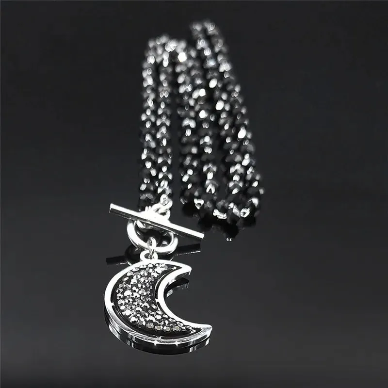 Moon Black Crystal Stainless Steel Chain Necklace for Women