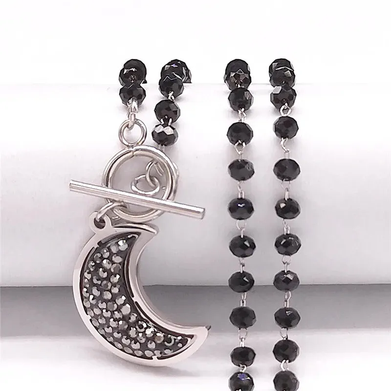 Moon Black Crystal Stainless Steel Chain Necklace for Women