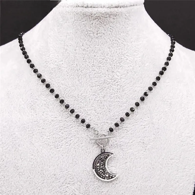 Moon Black Crystal Stainless Steel Chain Necklace for Women