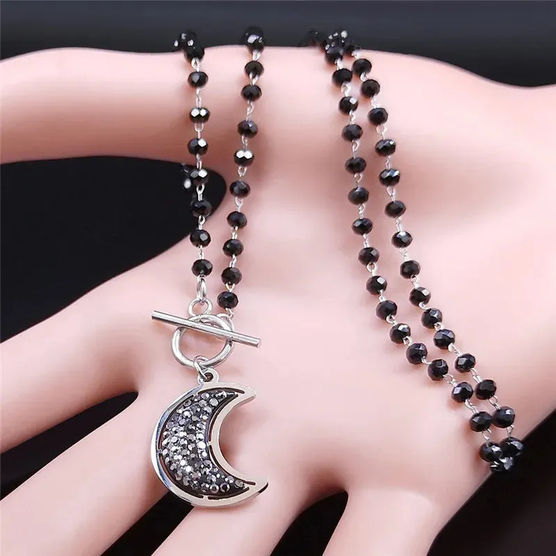 Moon Black Crystal Stainless Steel Chain Necklace for Women