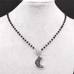 Moon Black Crystal Stainless Steel Chain Necklace for Women