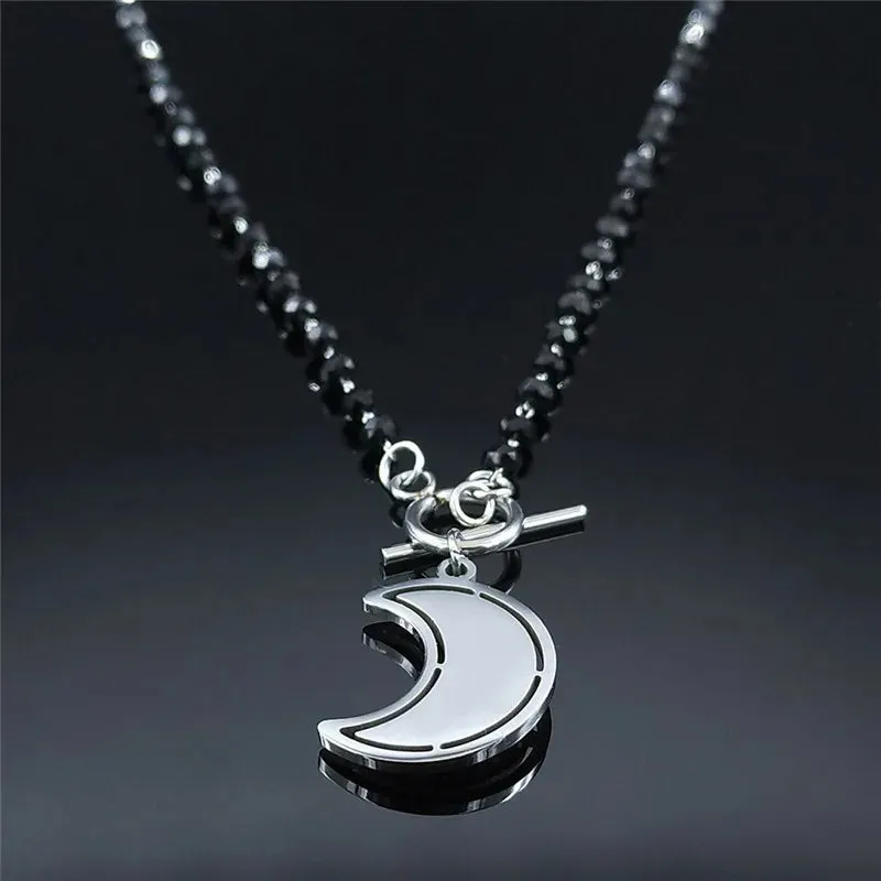 Moon Black Crystal Stainless Steel Chain Necklace for Women