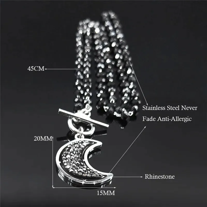 Moon Black Crystal Stainless Steel Chain Necklace for Women