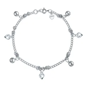 Multi Jingle Bells Hearts Charms Anklet Ankle Bracelet Sterling Silver