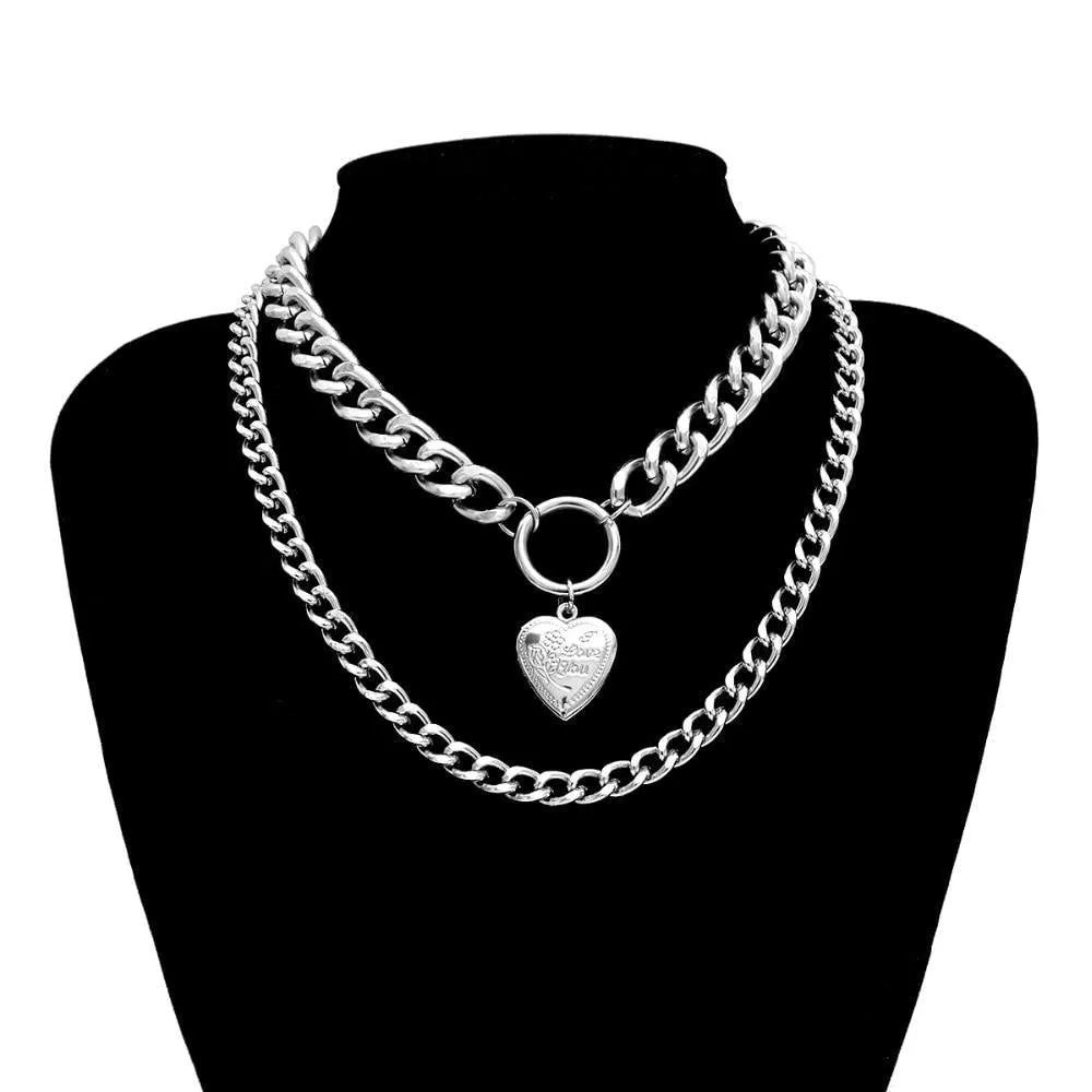 Multilayer Necklaces Charm Jewelry Punk Metal Heart