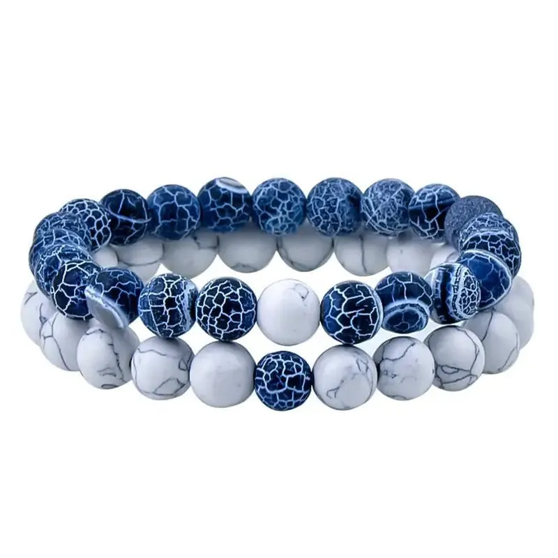 Natural White Howlite & Black Agate Bracelet Set - Harmony & Tranquility in 2 Pieces