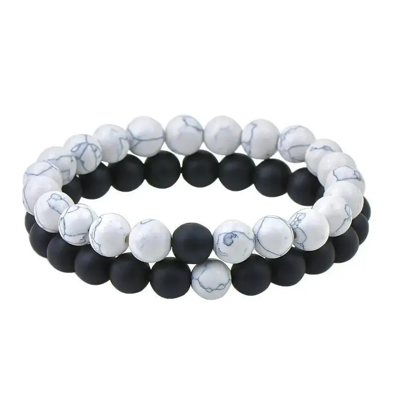 Natural White Howlite & Black Agate Bracelet Set - Harmony & Tranquility in 2 Pieces