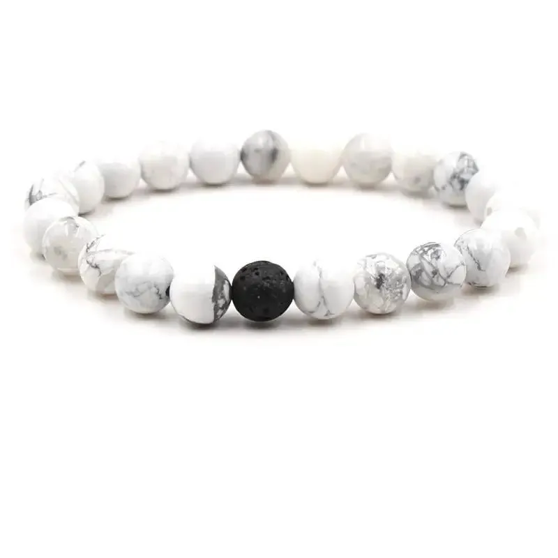 Natural White Howlite & Black Agate Bracelet Set - Harmony & Tranquility in 2 Pieces