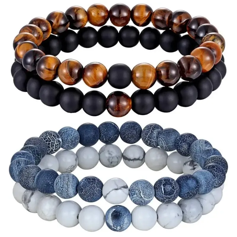 Natural White Howlite & Black Agate Bracelet Set - Harmony & Tranquility in 2 Pieces