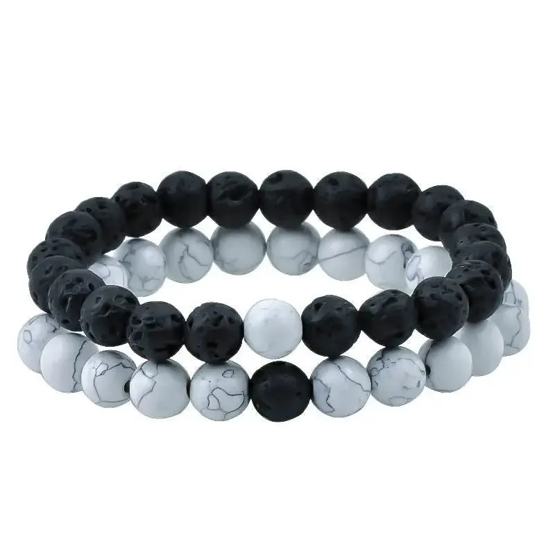Natural White Howlite & Black Agate Bracelet Set - Harmony & Tranquility in 2 Pieces