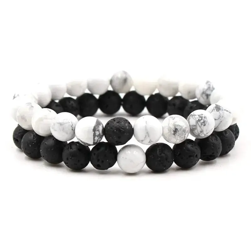 Natural White Howlite & Black Agate Bracelet Set - Harmony & Tranquility in 2 Pieces