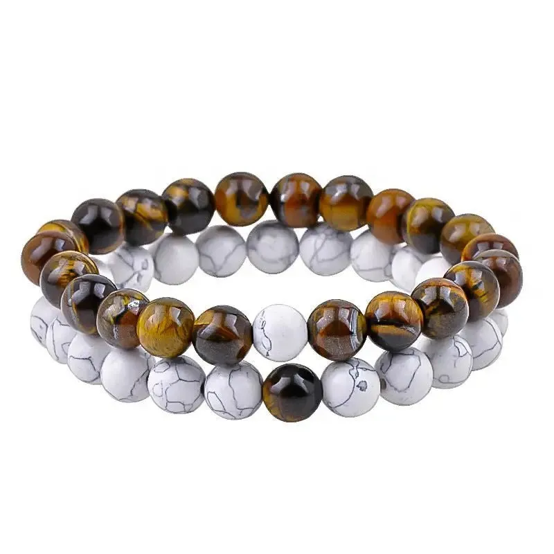 Natural White Howlite & Black Agate Bracelet Set - Harmony & Tranquility in 2 Pieces