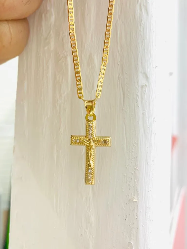 Newborn Baby Kids Childrens Boys Girls Cross Pendant Necklace 14K Gold Filled Protection Religious 14" Mariner Chain