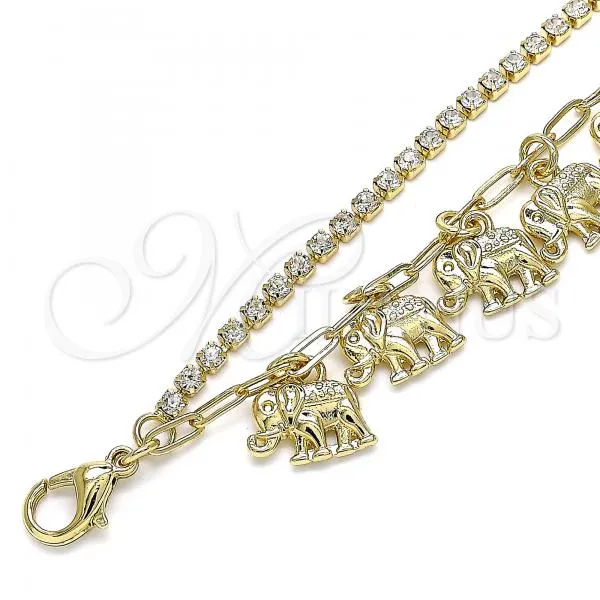 Oro Laminado Charm Anklet , Gold Filled Style Elephant and Paperclip Design, with White Crystal, Polished, Golden Finish, 03.372.0008.10