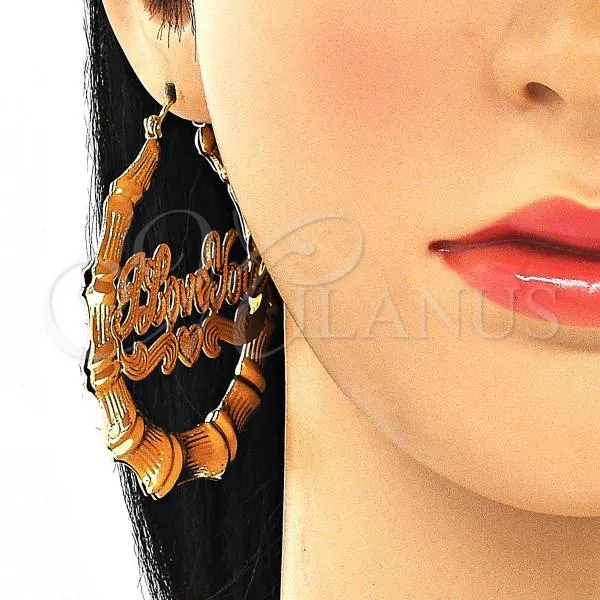 Oro Laminado Extra Large Hoop, Gold Filled Style Nameplate and Bamboo Design, Polished, Golden Finish, 02.60.0152.65