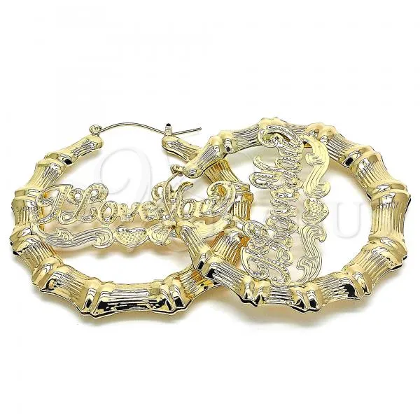 Oro Laminado Extra Large Hoop, Gold Filled Style Nameplate and Bamboo Design, Polished, Golden Finish, 02.60.0152.65