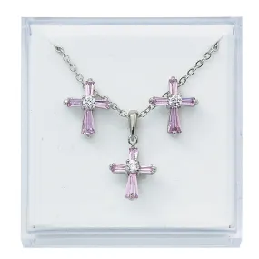 PINK CRYSTAL BAGUETTE CROSS EARRINGS AND PENDANT SET