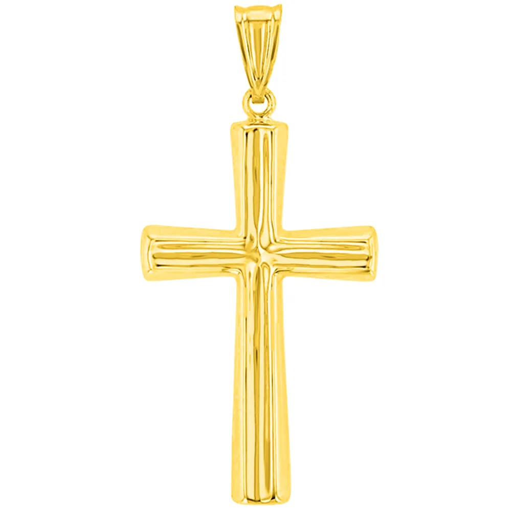 Polished 14K Yellow Gold Plain Religious Cross Pendant with Cuban Chain Necklace