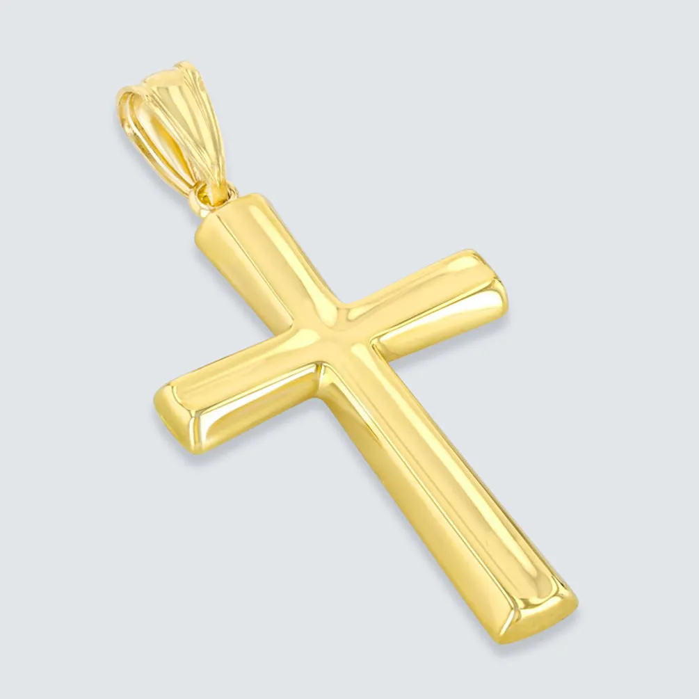 Polished 14K Yellow Gold Plain Religious Cross Pendant with Cuban Chain Necklace