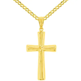 Polished 14K Yellow Gold Plain Religious Cross Pendant with Cuban Chain Necklace