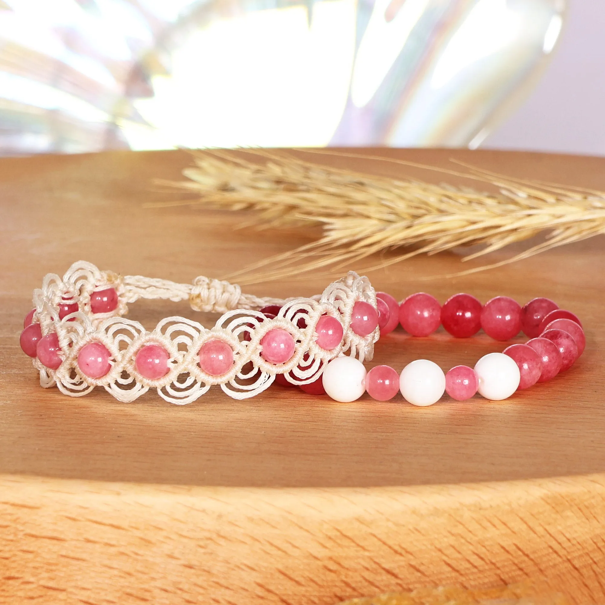 Set of 2 Pink Agate Beaded Bracelets Handcrafted in Armenia - Sweet Agate | NOVICA