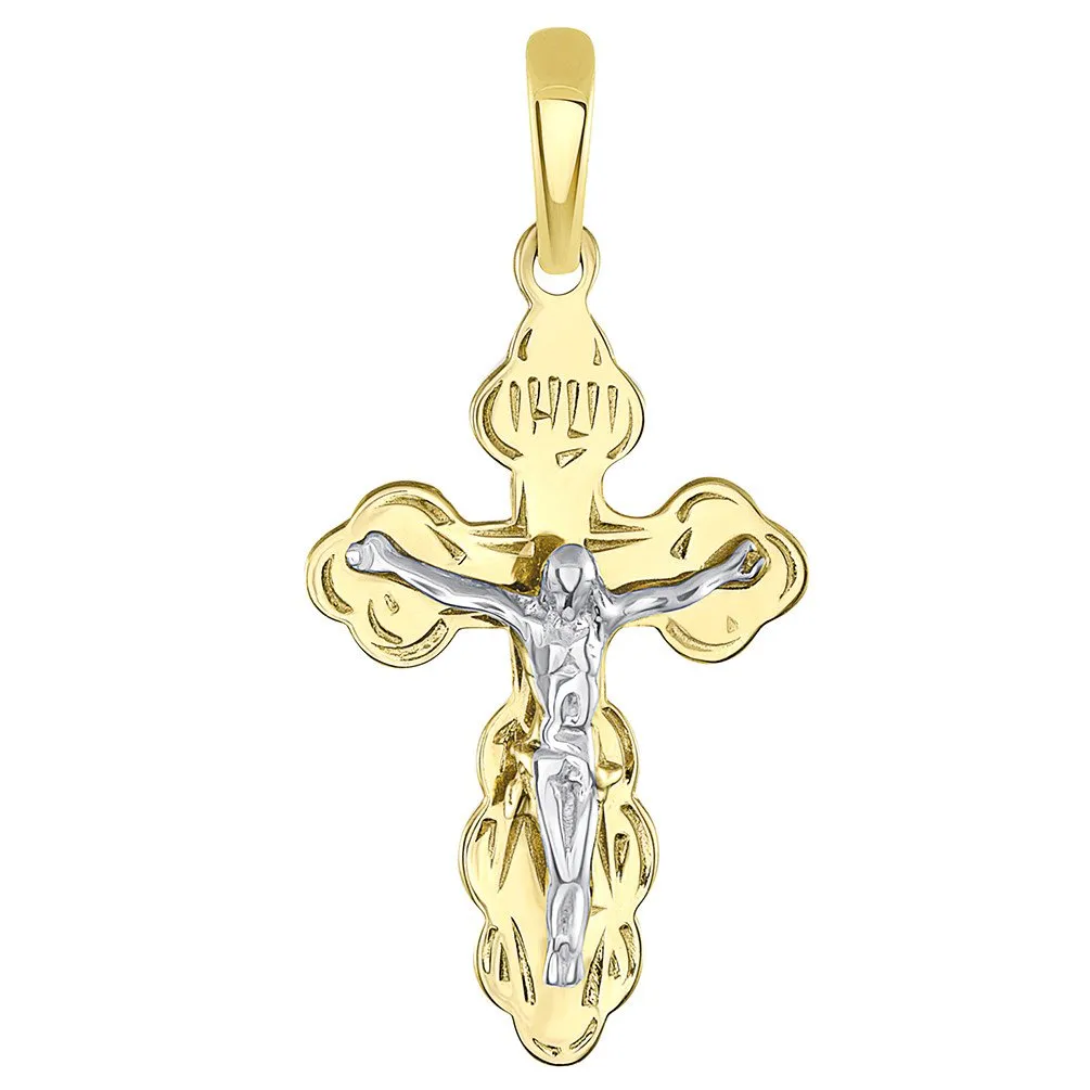 Solid 14k Two Tone Gold Eastern Orthodox Cross Save and Protect Crucifix Pendant with Figaro Chain Necklace
