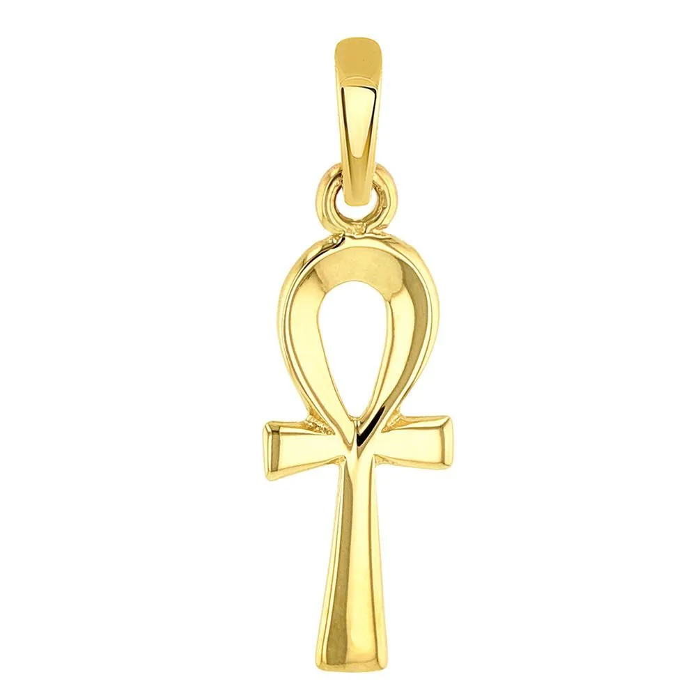 Solid 14k Yellow Gold Dainty Egyptian Ankh Cross Charm Pendant with Figaro Chain Necklace