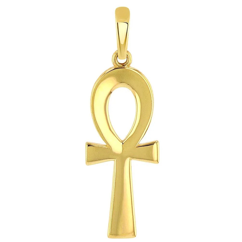 Solid 14k Yellow Gold Plain and Simple Egyptian Ankh Cross Pendant with Chain Necklace