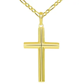 Solid 14k Yellow Gold Rounded Edge Simple Christian Cross Pendant with Figaro Necklace