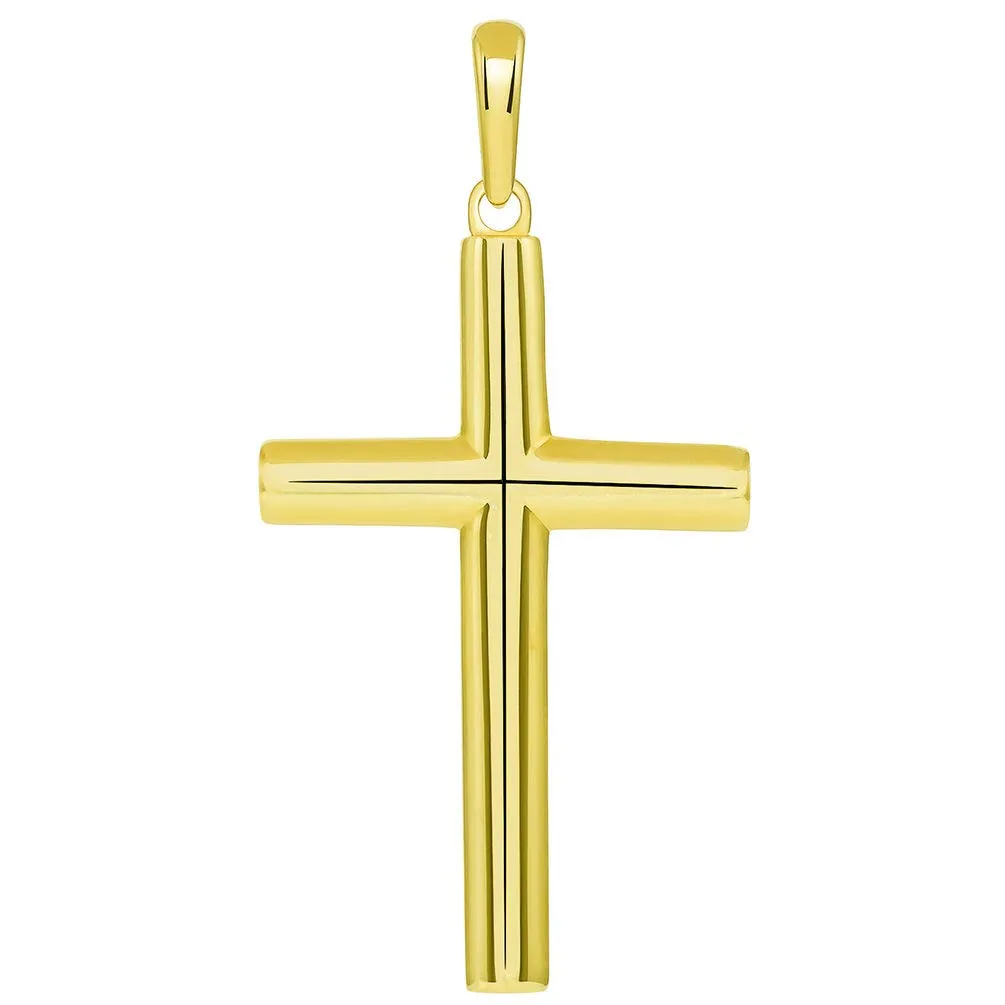 Solid 14k Yellow Gold Rounded Edge Simple Christian Cross Pendant with Figaro Necklace