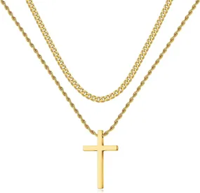 Stainless Steel Cross Necklace for Men, Layered Cuban Link & Rope Chains, Black, Silver, Gold Cross Pendant, 16-26 Inches.