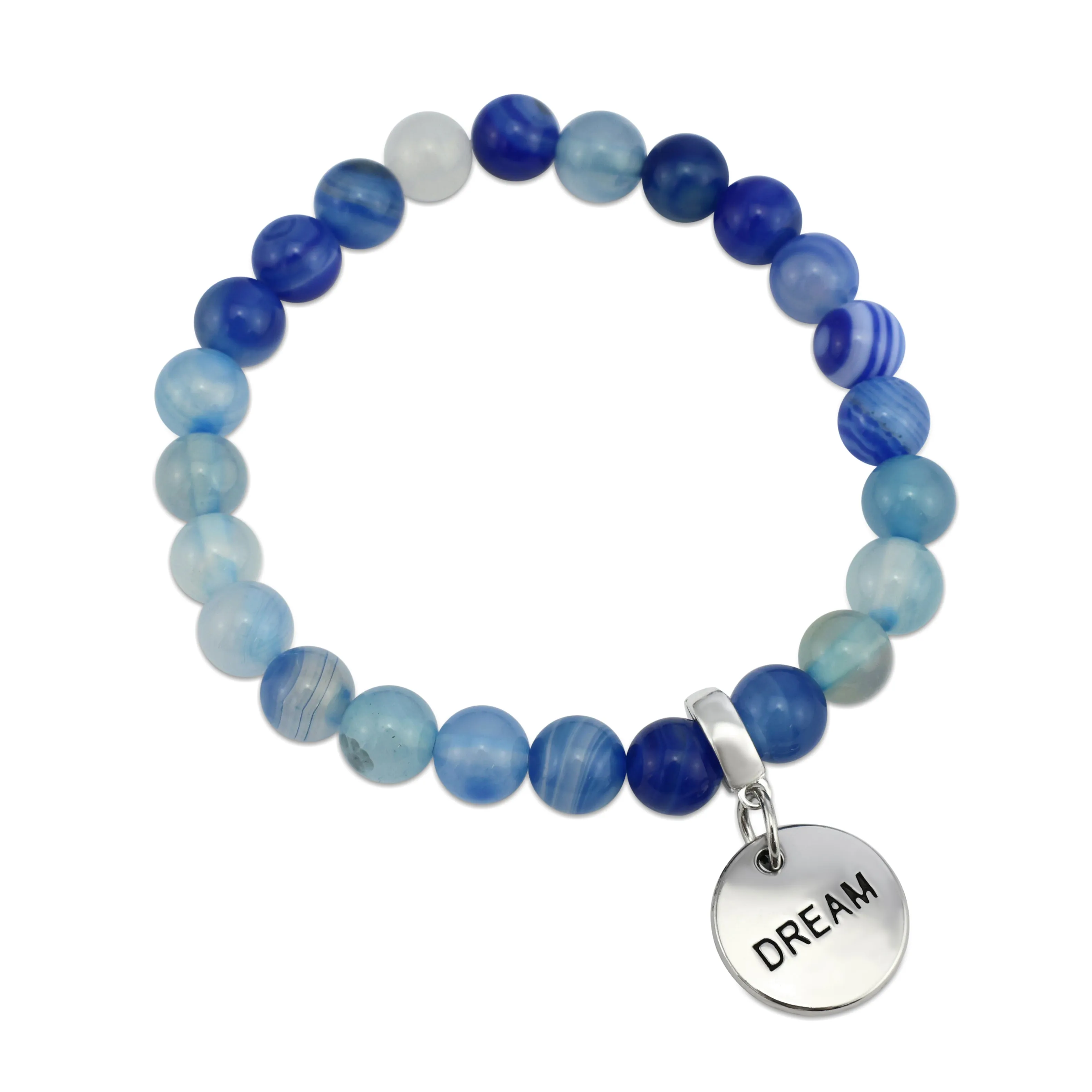 Stone Bracelet - Blue Stripe Agate 8mm Beads - with Silver Word Charms