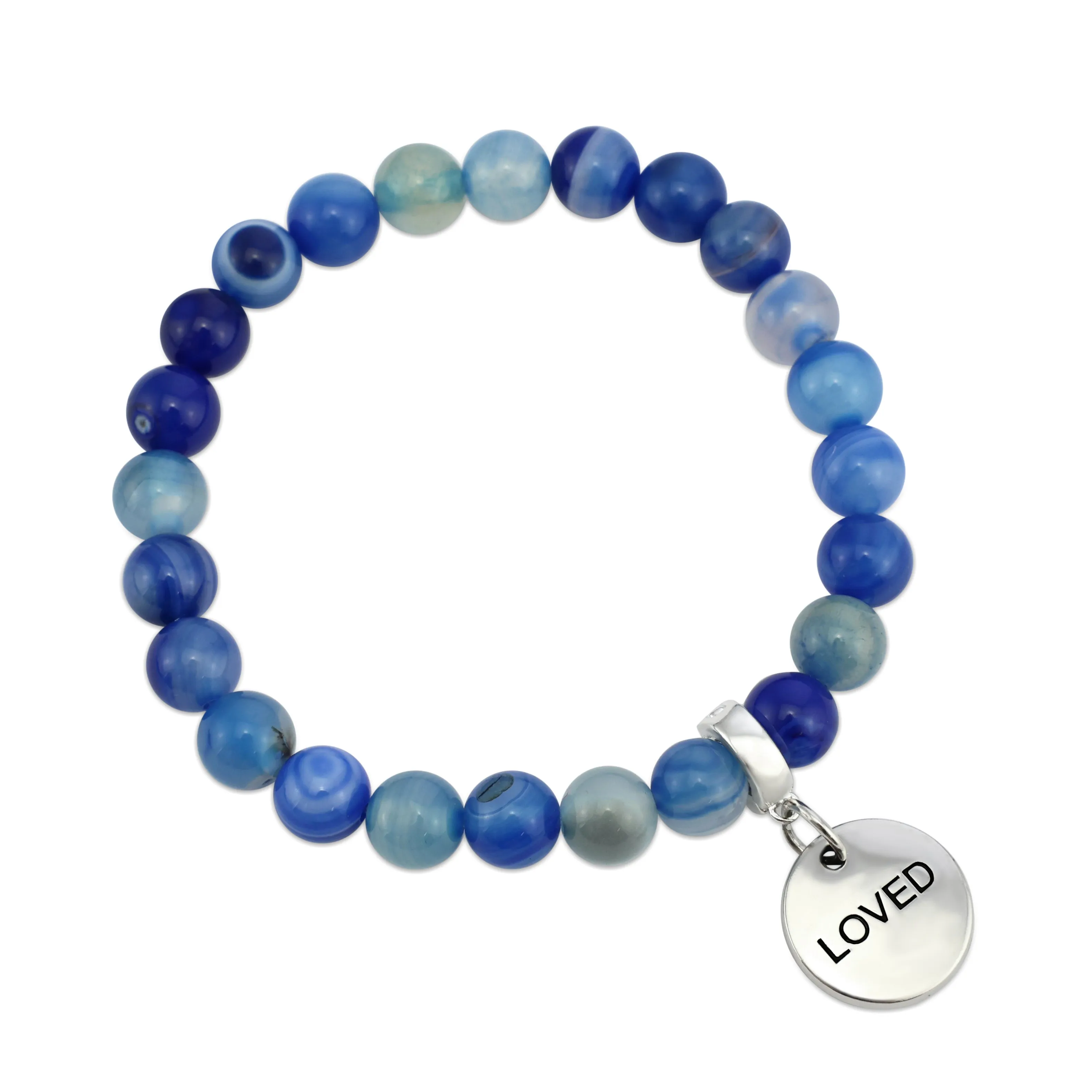 Stone Bracelet - Blue Stripe Agate 8mm Beads - with Silver Word Charms