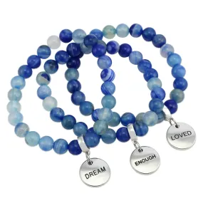 Stone Bracelet - Blue Stripe Agate 8mm Beads - with Silver Word Charms