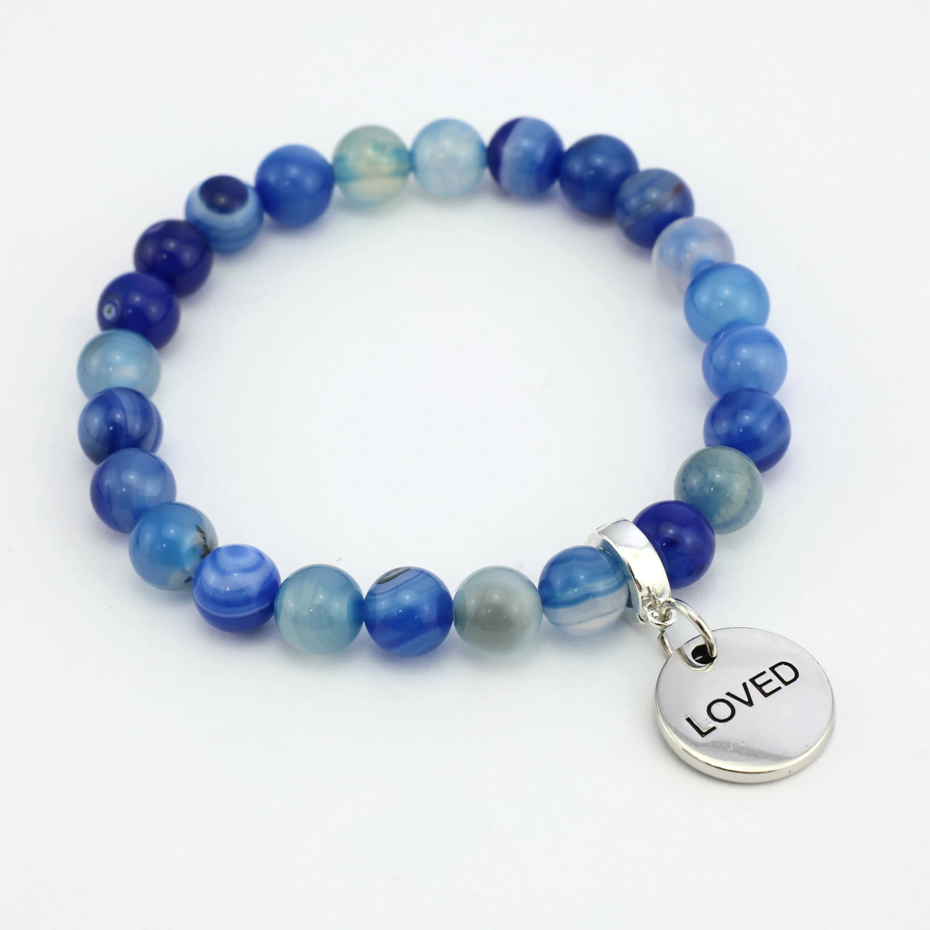 Stone Bracelet - Blue Stripe Agate 8mm Beads - with Silver Word Charms