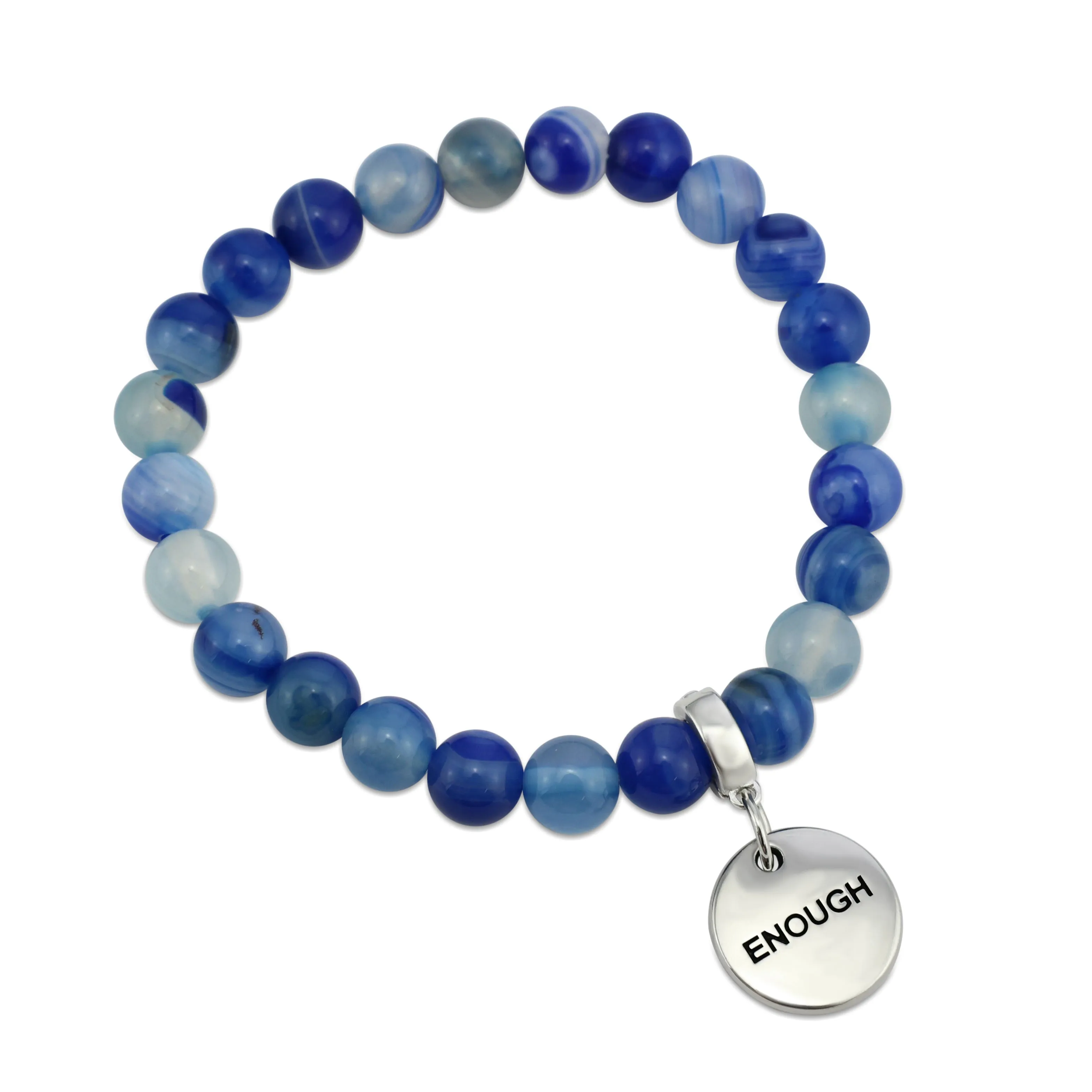 Stone Bracelet - Blue Stripe Agate 8mm Beads - with Silver Word Charms