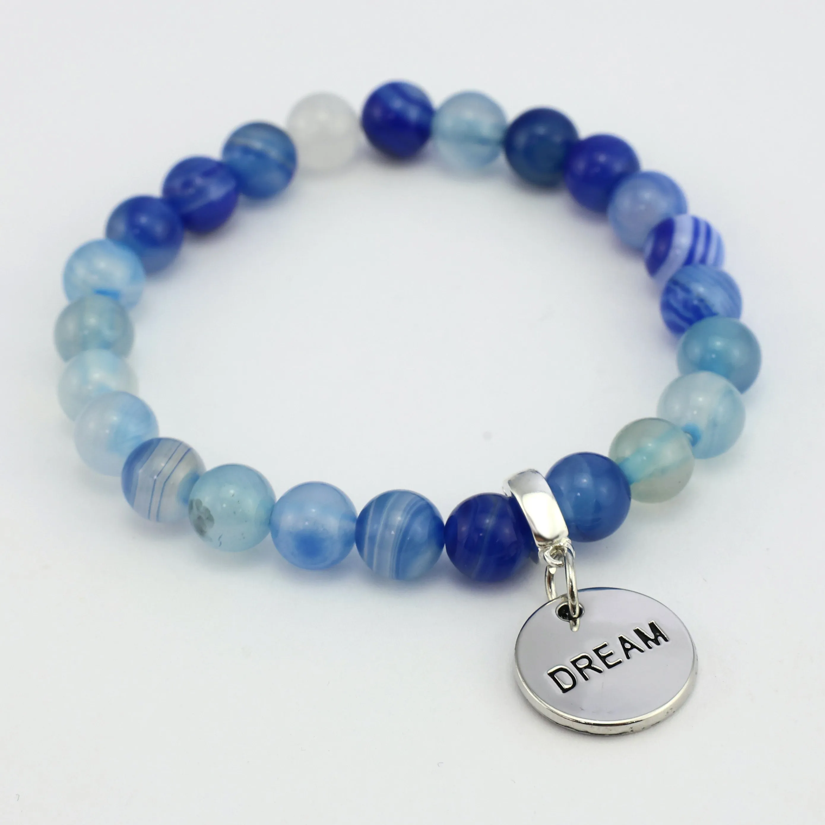 Stone Bracelet - Blue Stripe Agate 8mm Beads - with Silver Word Charms