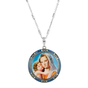 Symbols Of Faith Round Blue Enamel Mary and Child Decal Pendant Necklace 30"
