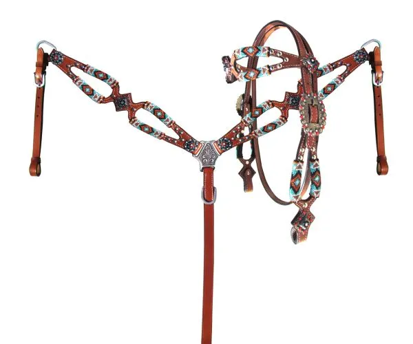 Turquoise & Orange Beaded Headstall Set