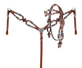 Turquoise & Orange Beaded Headstall Set