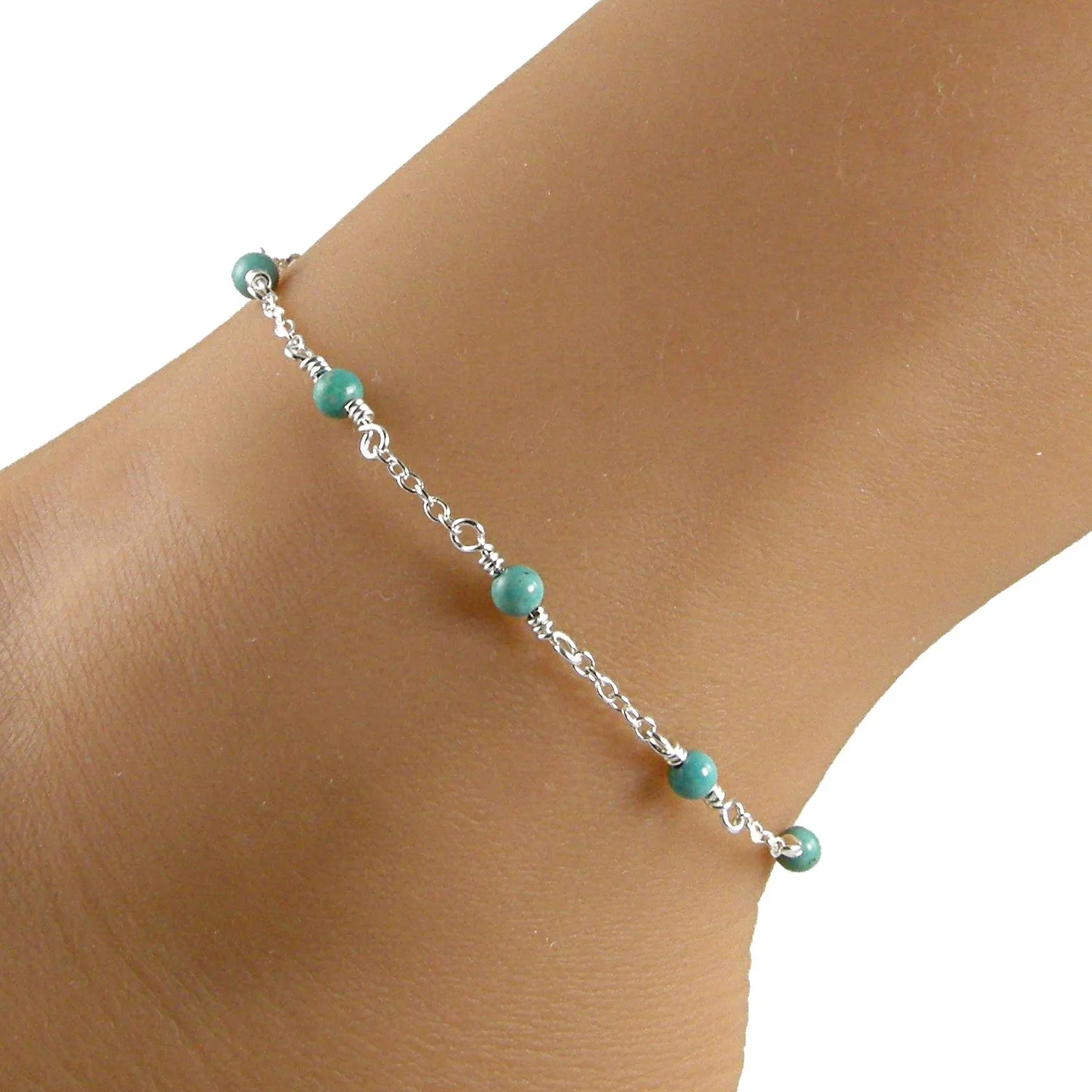 Turquoise Sterling Silver Chain Anklet, Turquoise Ankle Bracelet