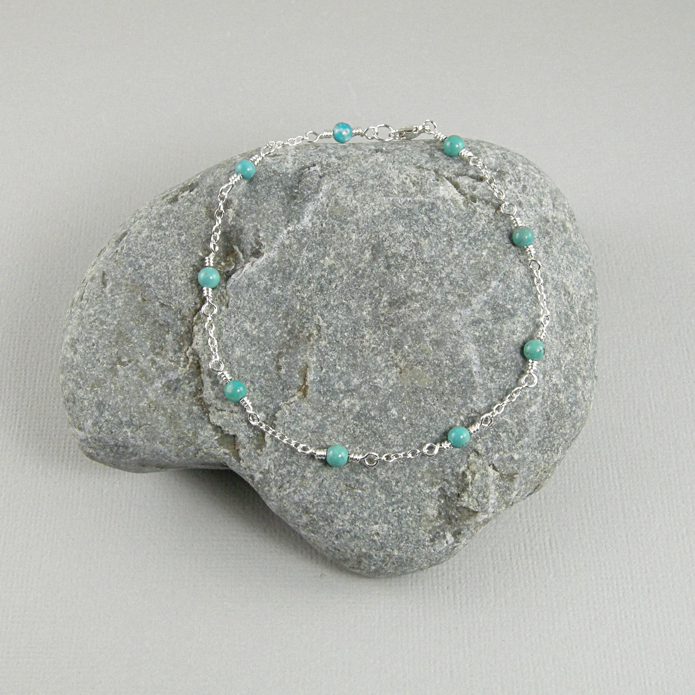 Turquoise Sterling Silver Chain Anklet, Turquoise Ankle Bracelet